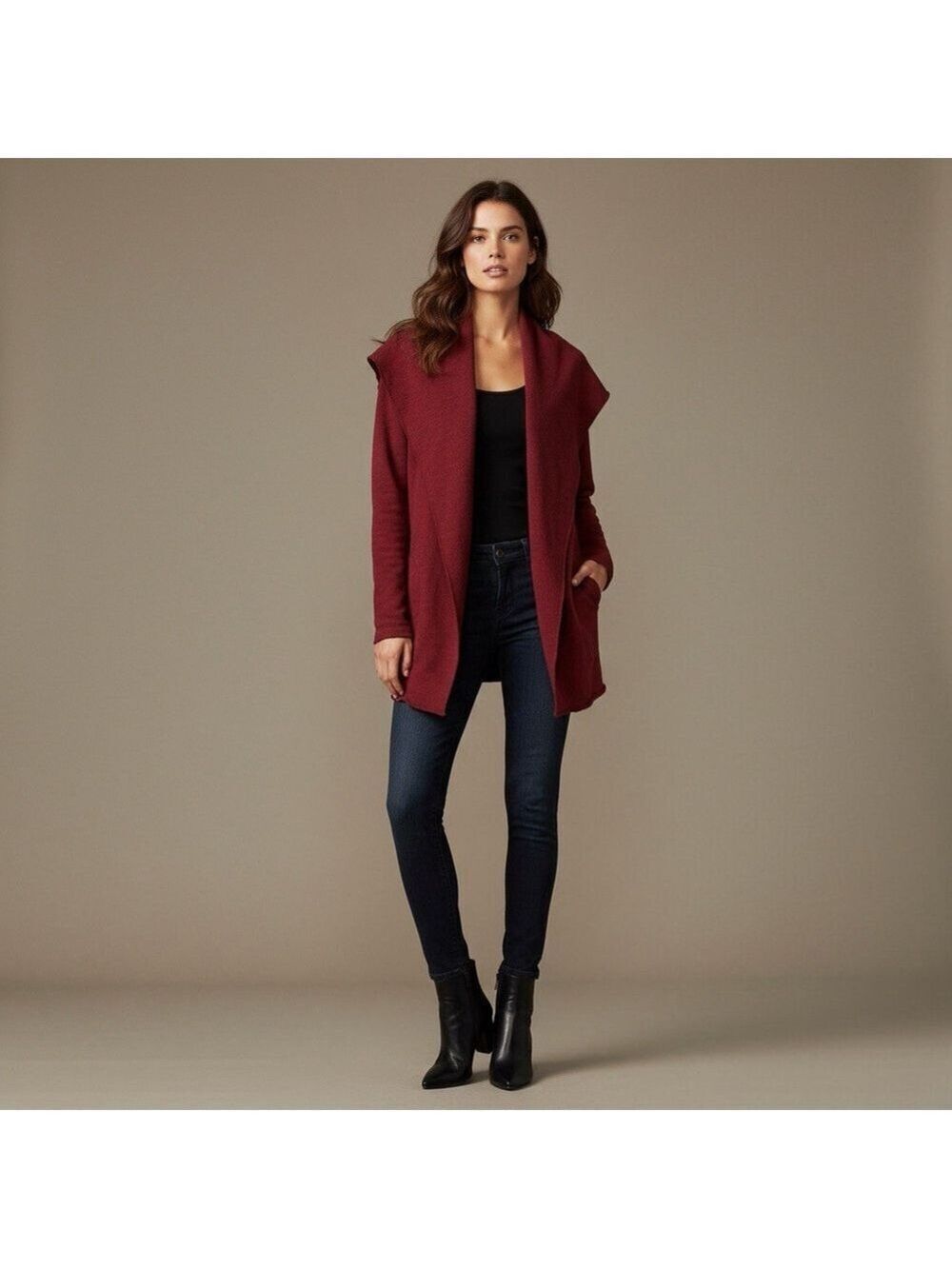 Lucky Brand Red Shawl Collar Cardigan L Cotton Open Front Boho Y2K